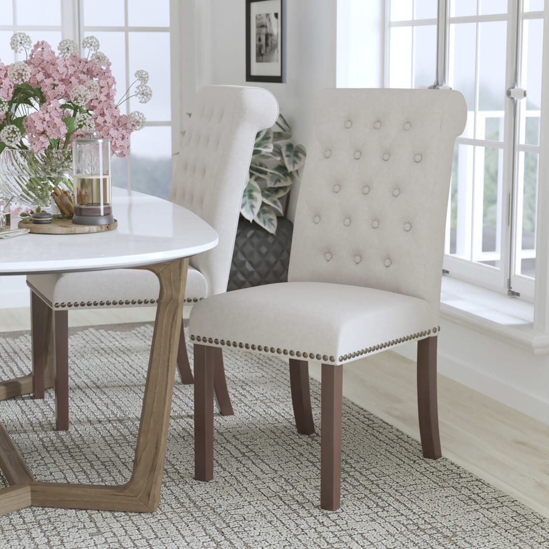 HERCULES Series Beige Fabric Parsons Chair with Rolled Back, Accent Nail Trim and Walnut Finish
