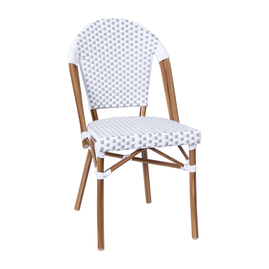 Lourdes Indoor/Outdoor Commercial Bistro Stacking Chair, White and Gray PE Rattan Back and Seat, Bamboo Print Aluminum Frame in Natural