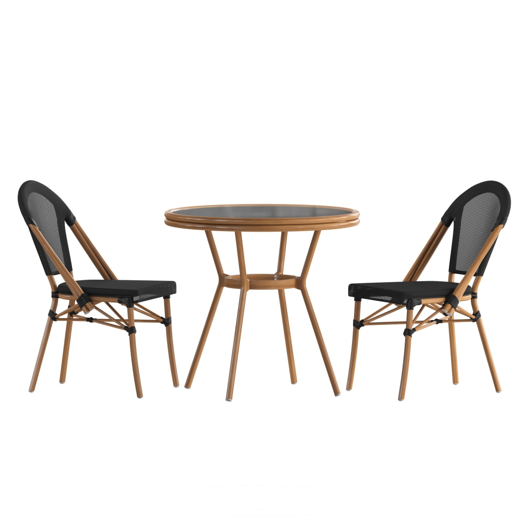 Marseille Indoor/Outdoor Commercial Bistro 31.5" Table, Black Textilene, Glass Top with 2 Stack Chairs - Natural Frame