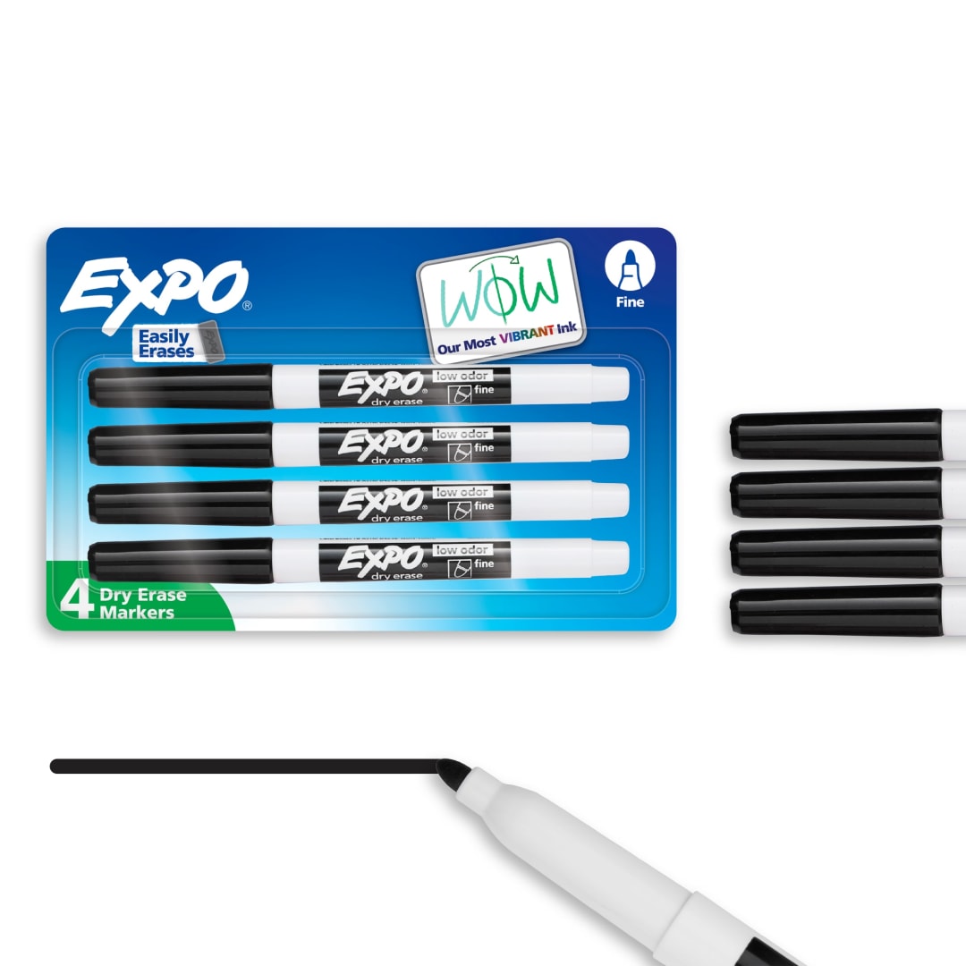 EXPO Dry Erase Markers, Low Odor Ink, Black, Fine Tip, 4 Count