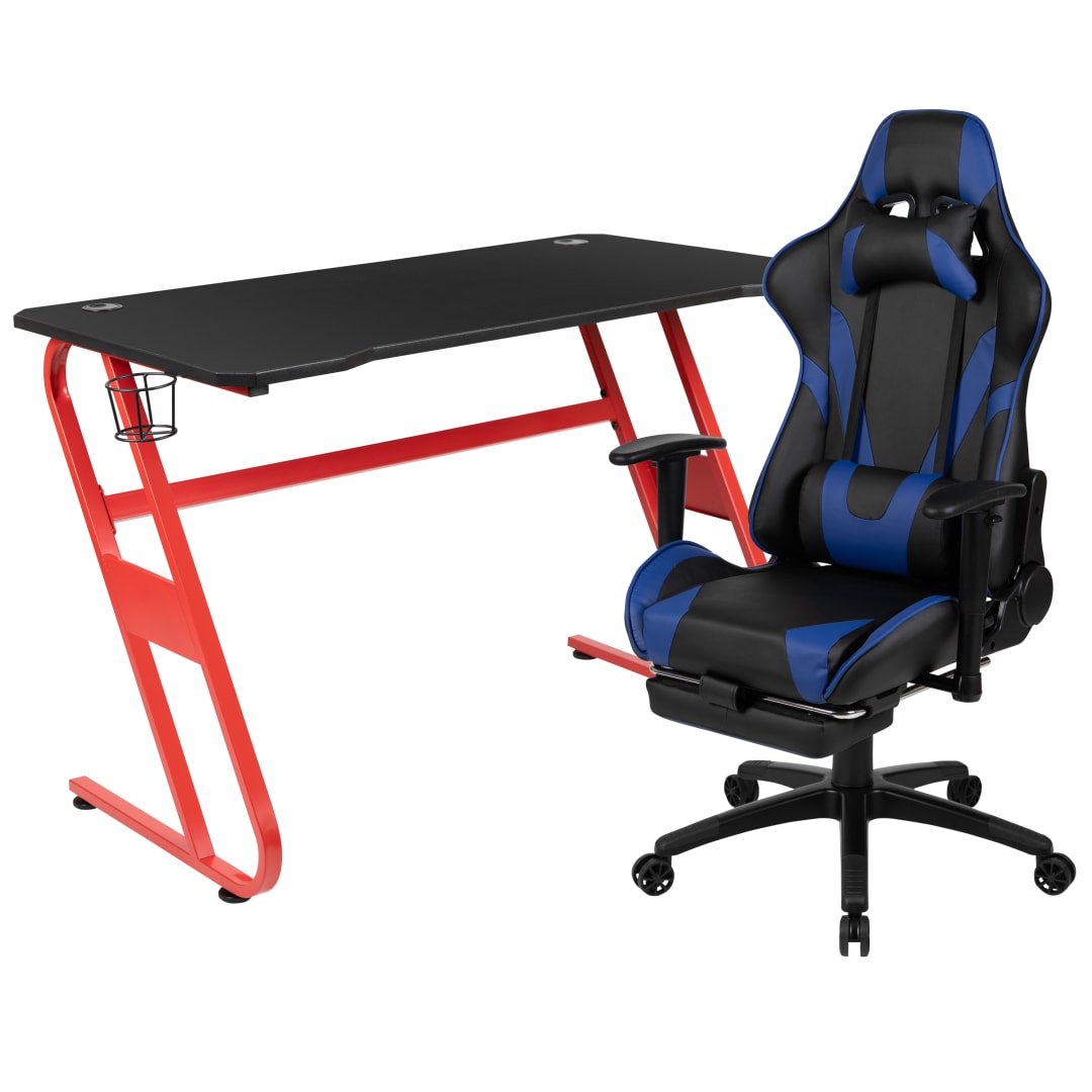 Optis Red Gaming Desk with Cup Holder/Headphone Hook &amp; Blue Reclining Gaming Chair with Footrest