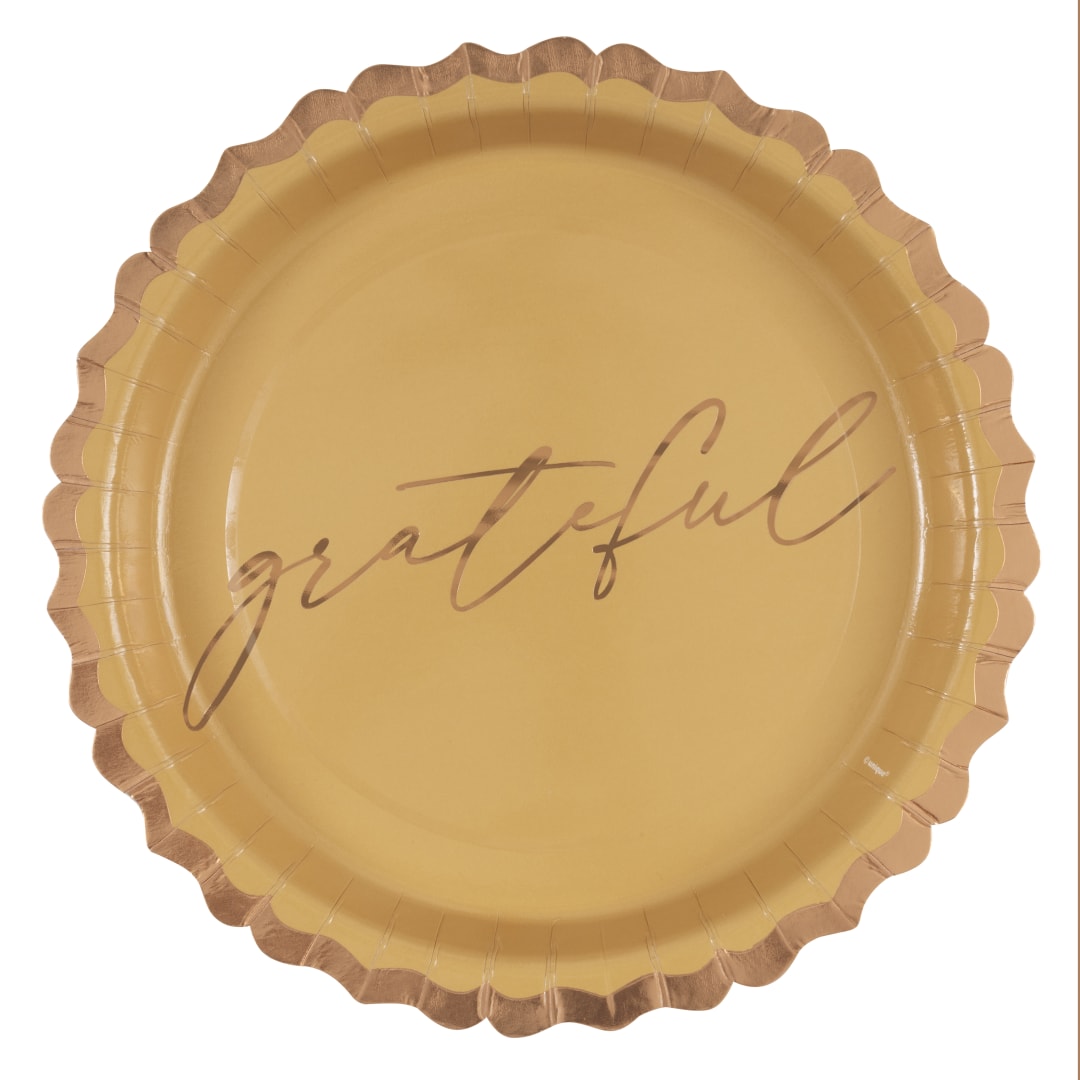 Family Thanksgiving "Grateful" Shaped-Edge Round 9" Dinner Plates, 8ct - Foil Stamping