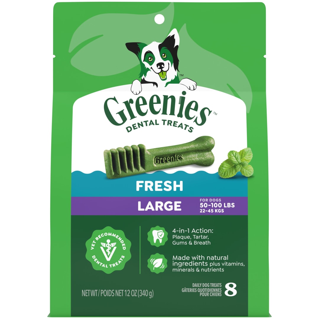 GREENIES Large Natural Dog Dental Care Chews Oral Health Dog Treats Fresh Flavor, 12 oz. Pack (8 Treats)