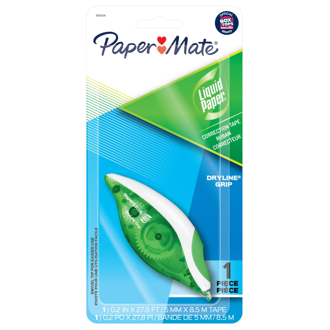 Paper Mate® Liquid Paper DryLine Grip Correction Tape, Green Dispenser, 1 Count