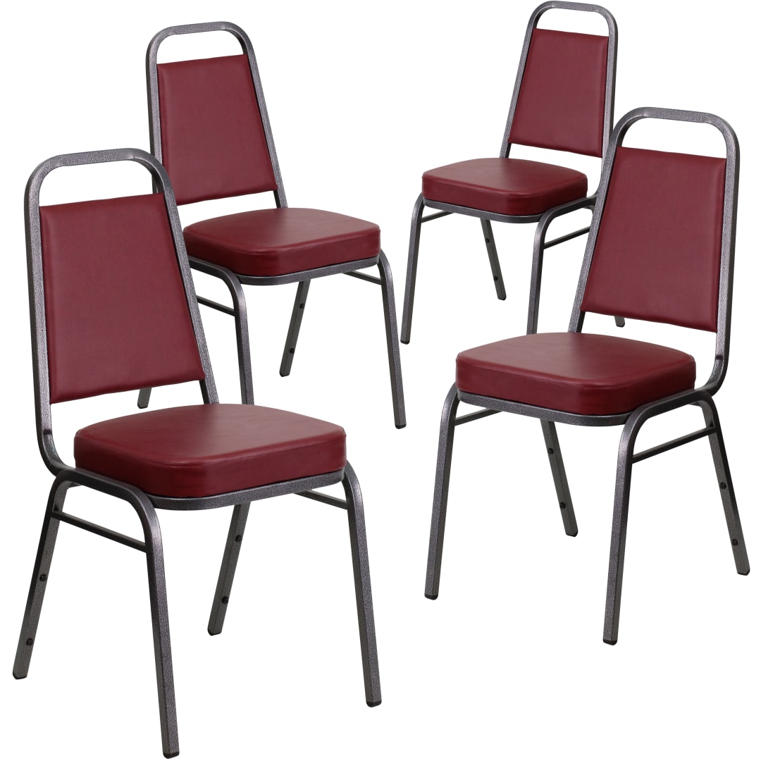 4 Pack HERCULES Series Trapezoidal Back Stacking Banquet Chair in Burgundy Vinyl - Silver Vein Frame