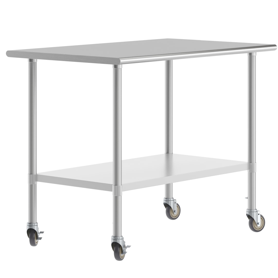 Reese 30x48 Portable Prep and Work Table with NSF Certified 18 Gauge Stainless Steel Top Shelf, Galvanized Steel Undershelf, 4 Casters with 2 Locking