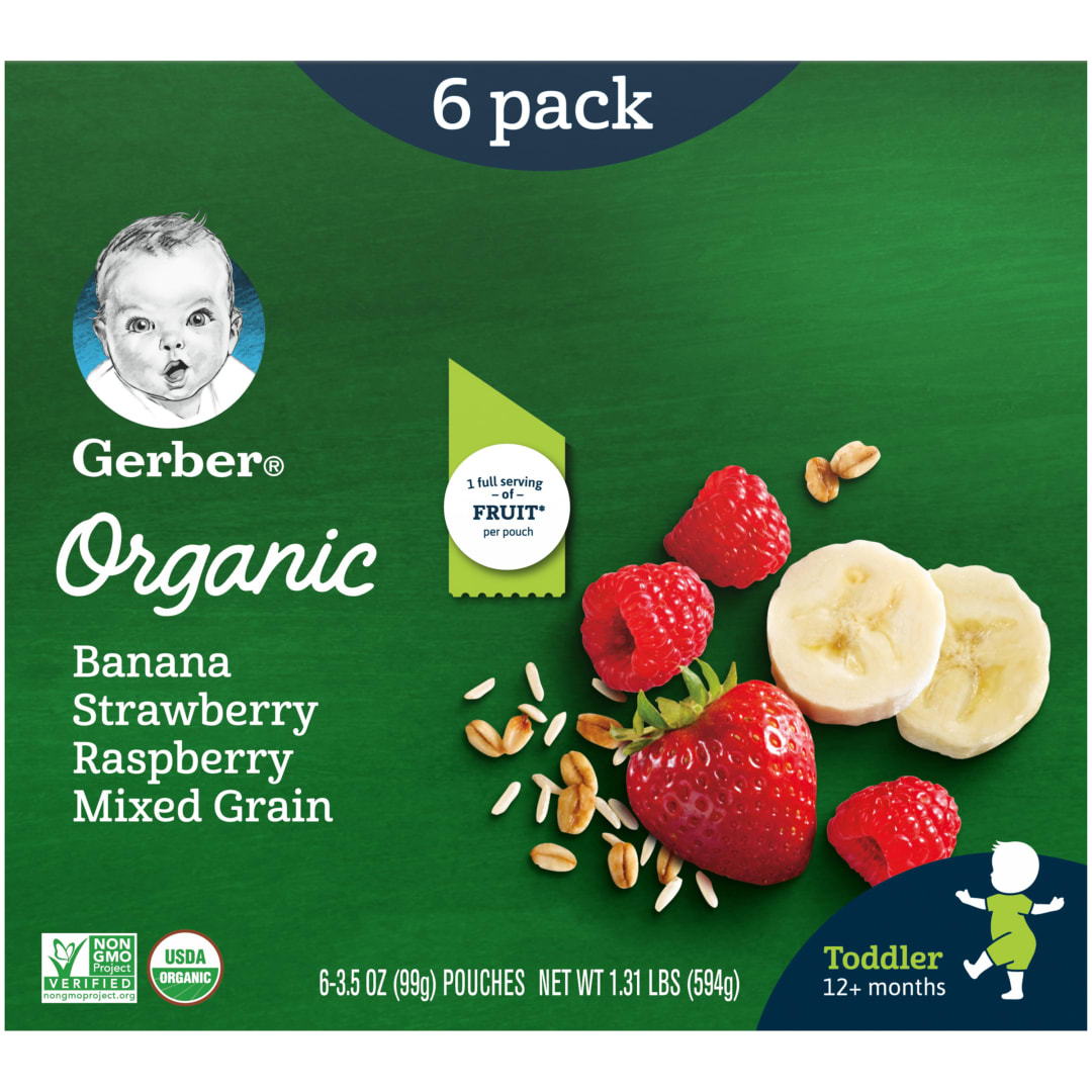 Gerber Organic Stage 2 Baby Food, Banana Strawberry Raspberry Mixed Grain , 3.5 oz Pouch (6 Pack)