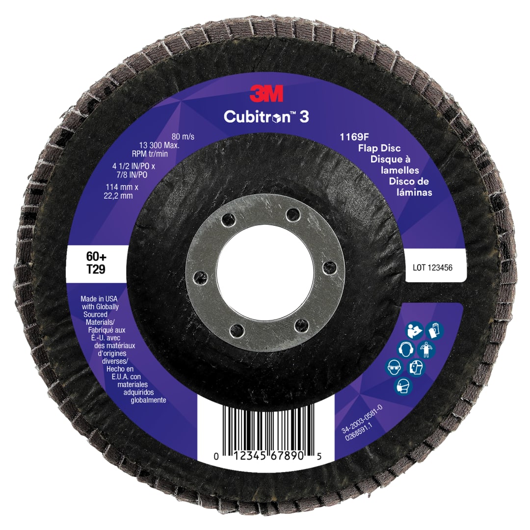 Disco Flap 3M™ Cubitron™ 3 1169F, 60+, T29-Cônico, 114,3 mm x 22,23 mm, 10 unidades/caixa
