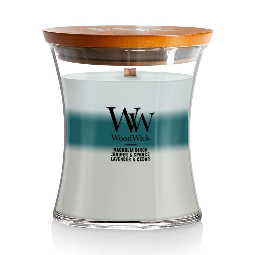 WoodWick® Icy Woodland Scented Trilogy Medium Hourglass Candle, Crackles as it Burns, Great for Gifting 9.7oz