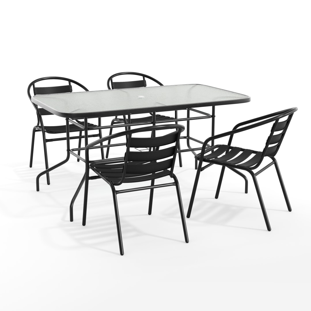 Lila 5 Piece Patio Dining Set - 55" Tempered Glass Patio Table with Umbrella Hole - 4 Black Metal Aluminum Slat Stack Chairs