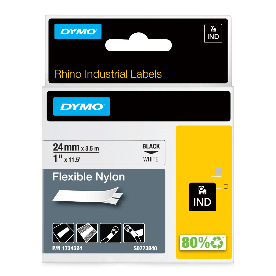 DYMO® Rhino Industrial Flexible Nylon Labels, 1" x 11.5', Black Print on White, Self-Adhesive, for LabelManager & Rhino Label Makers