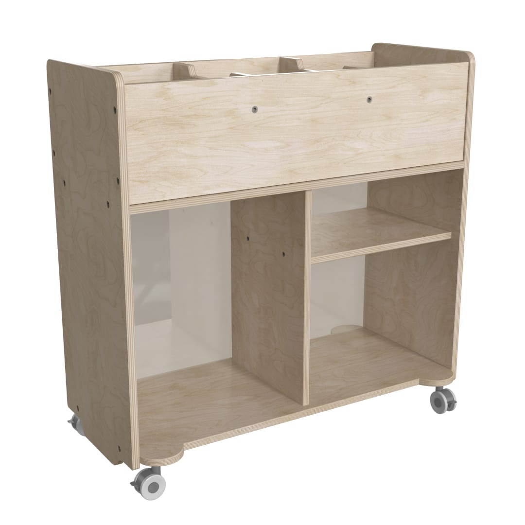 Bright Beginnings Commercial Double Sided Space Saving Wooden Mobile Storage Cart with Clear Back, Locking Casters and 6 Storage Compartments, Natural