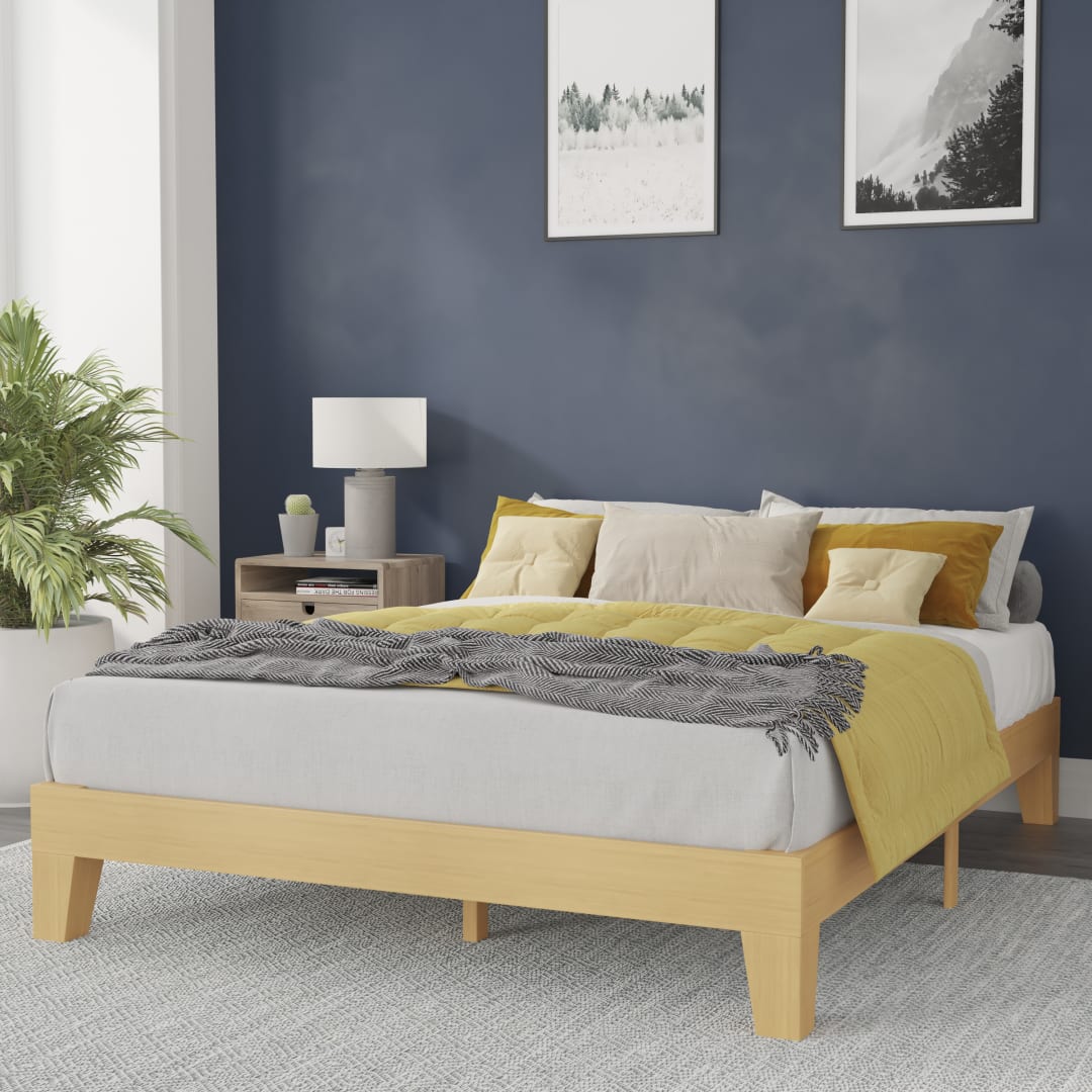 Evelyn Natural Pine Finish Wood Queen Platform Bed with Wooden Support Slats, No Box Spring Required