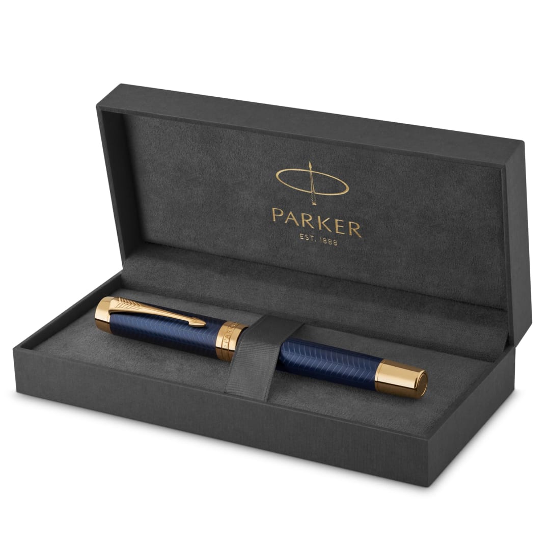 Parker Duofold Centennial Fountain Pen, Prestige Blue Chevron, Medium Solid Gold Nib, Black Ink and Convertor