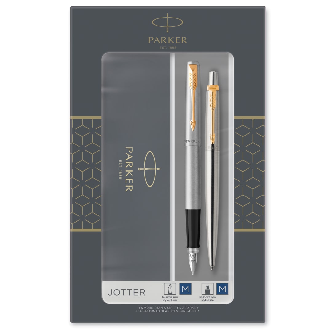 Parker Jotter set de regalo doble con bolígrafo y pluma estilográficaacero inoxidable con adorno doradocartuchos y recambio de tinta azulestuche de regalo