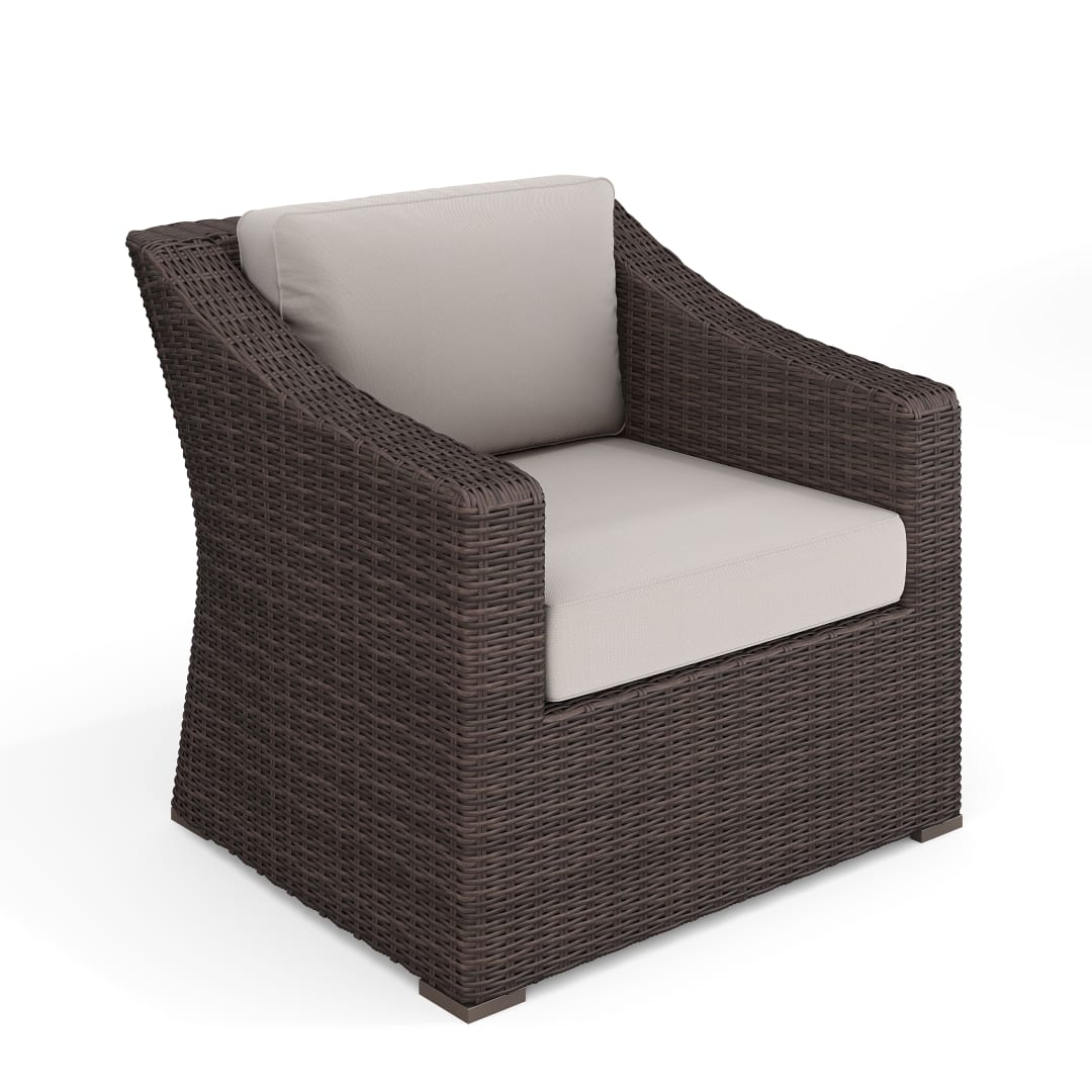 Bedford Indoor-Outdoor Patio Accent Chair in Brown Rattan Wicker with Tan All-Weather Cushions