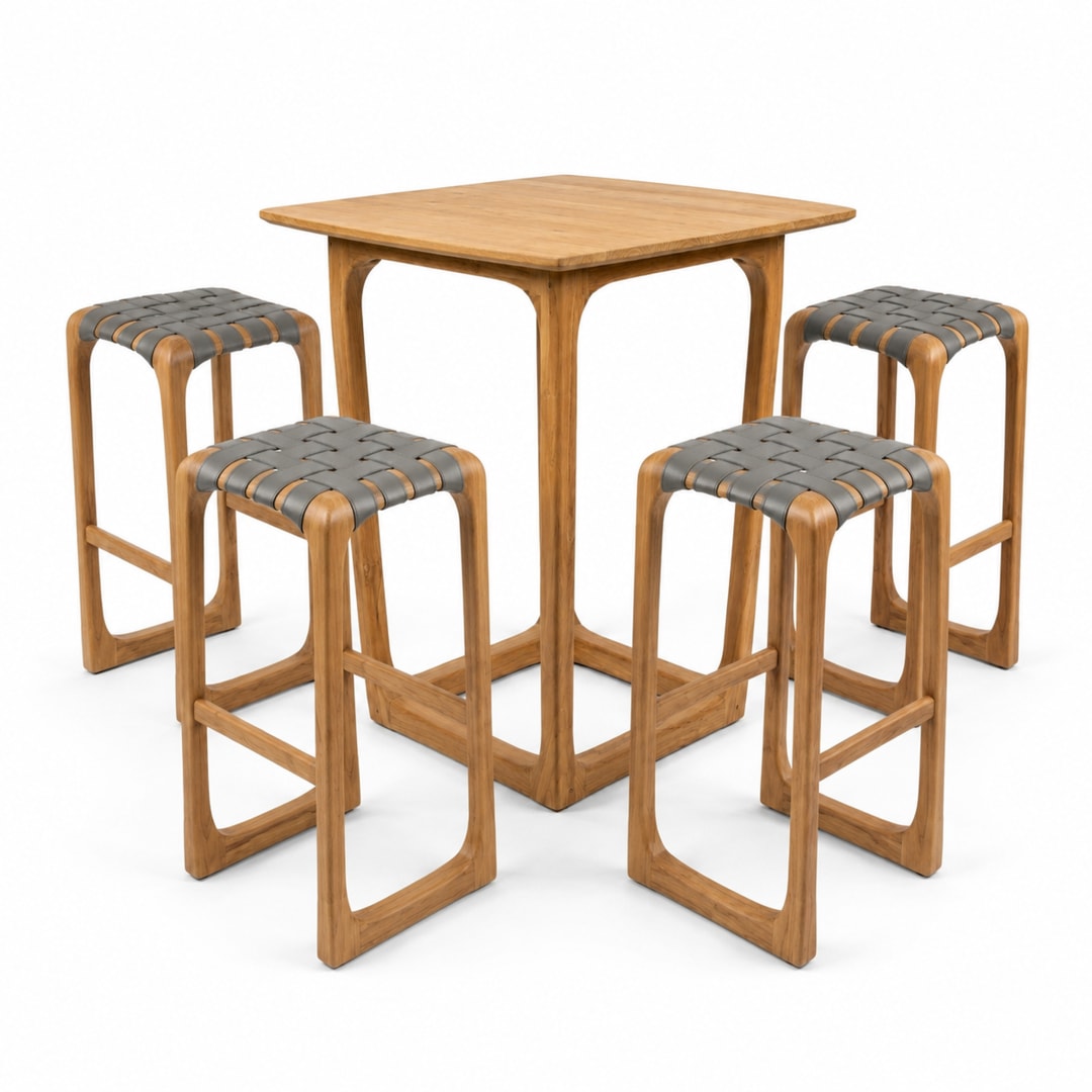 5 Piece Modern Teak Outdoor Patio Bar Table Set