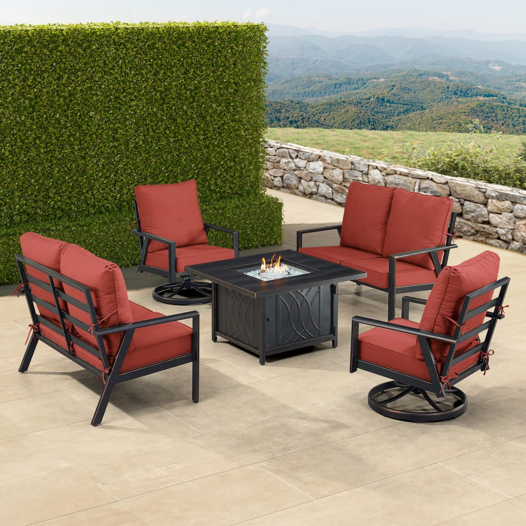 Black Aluminum Patio Fire Table Set with Two Deep Seating Loveseat with Cushions and Two Club Chairs
