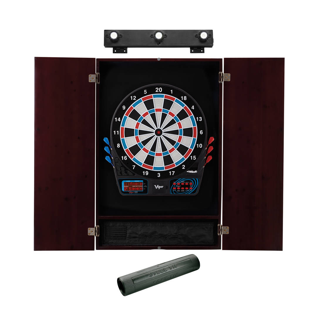 Viper 777 Electronic Dartboard, Metropolitan Mahogany Cabinet, Dart Mat & Shadow Buster Dartboard Light
