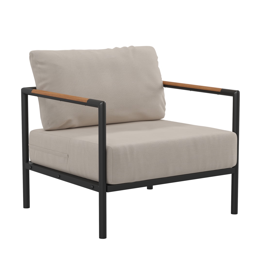 Lea Indoor/Outdoor Patio Chair with Cushions - Modern Aluminum Framed Chair with Teak Accented Arms, Black with Beige Cushions