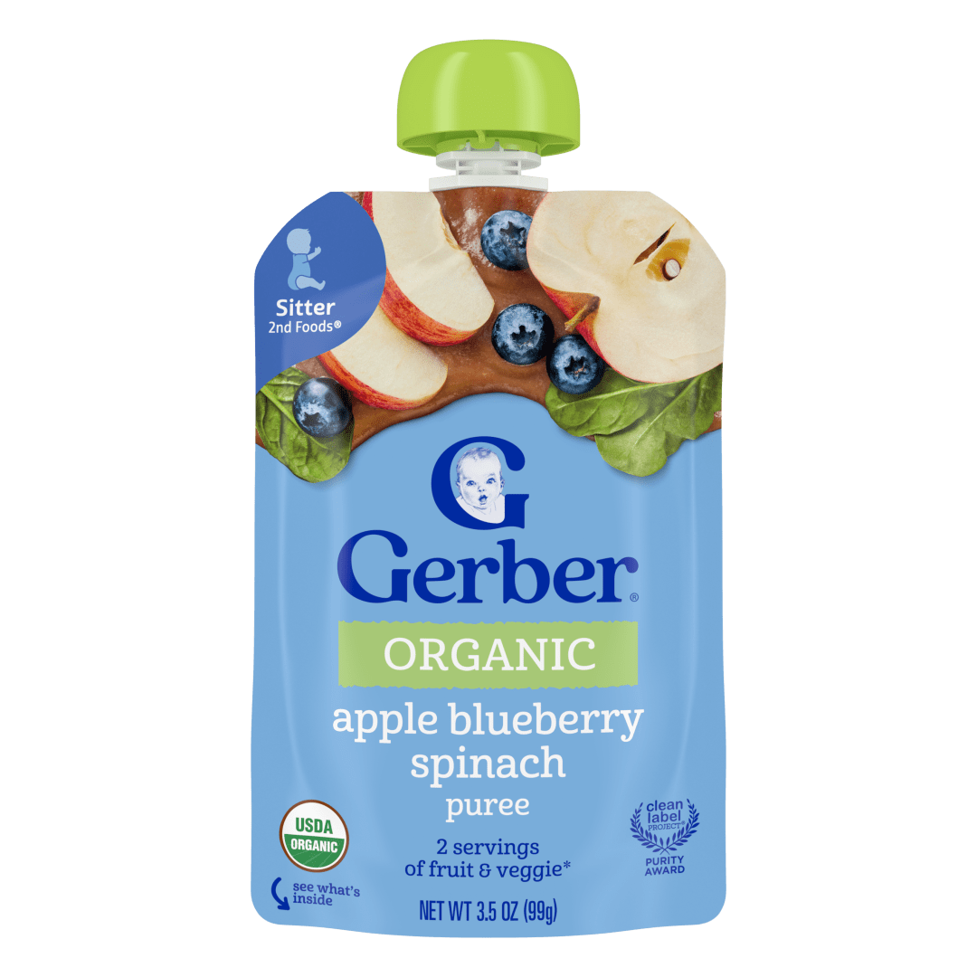 Gerber Stage 2 Baby Food, Organic Apple Blueberry Spinach Puree Pouch