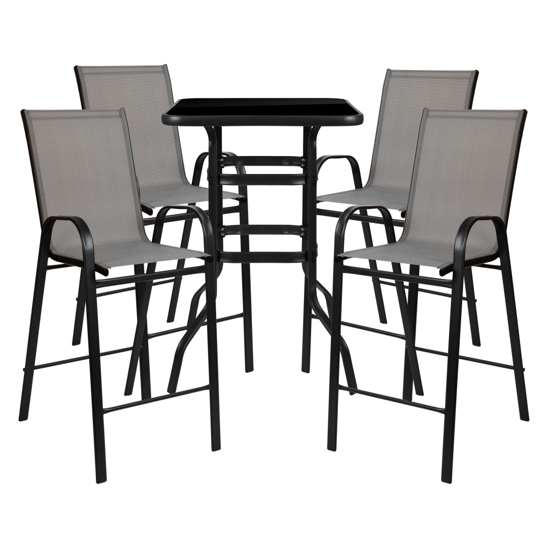 Brazos Outdoor Dining Set - 4-Person Bistro Set - Brazos Outdoor Glass Bar Table with Gray All-Weather Patio Stools