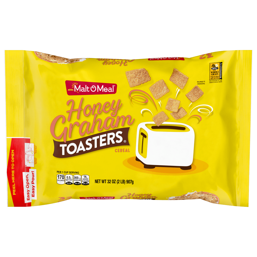 Malt-O-Meal Honey Graham Toasters Breakfast Cereal, Honey Graham Cereal Squares, 32 oz Bag