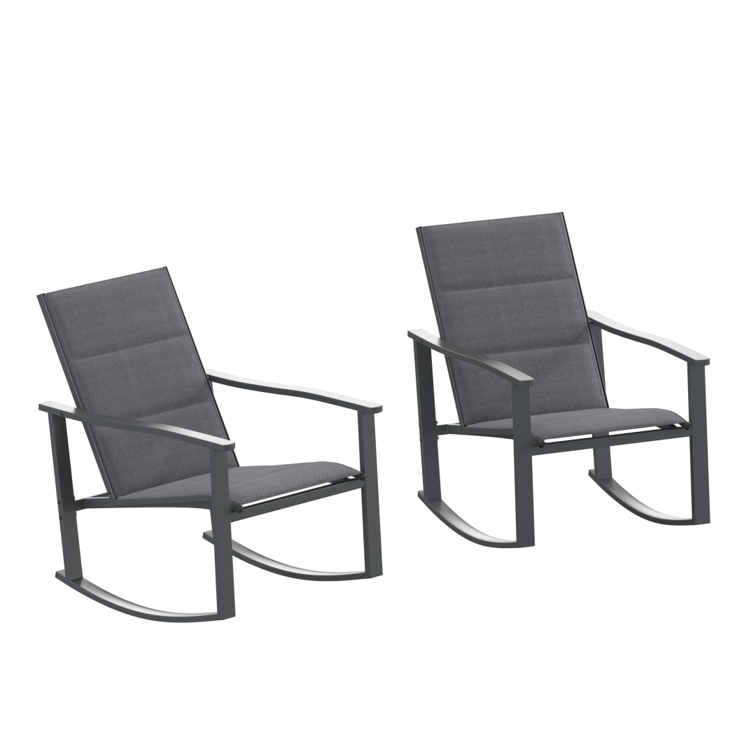 Brazos Set of 2 Black Outdoor Rocking Chairs with Flex Comfort Material and Black Steel Frames