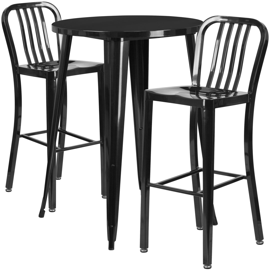 Brad Commercial Grade 30" Round Black Metal Indoor-Outdoor Bar Table Set with 2 Vertical Slat Back Stools