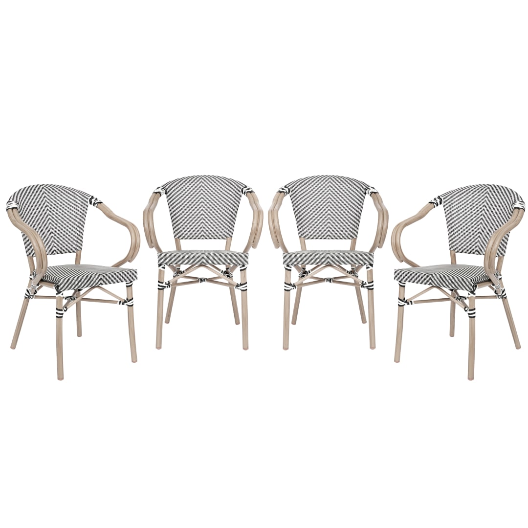 4 Pack Marseille Indoor/Outdoor Commercial Bistro Stacking Chair with Arms, Black/White Textilene and Bamboo Aluminum Frame in LT Natural
