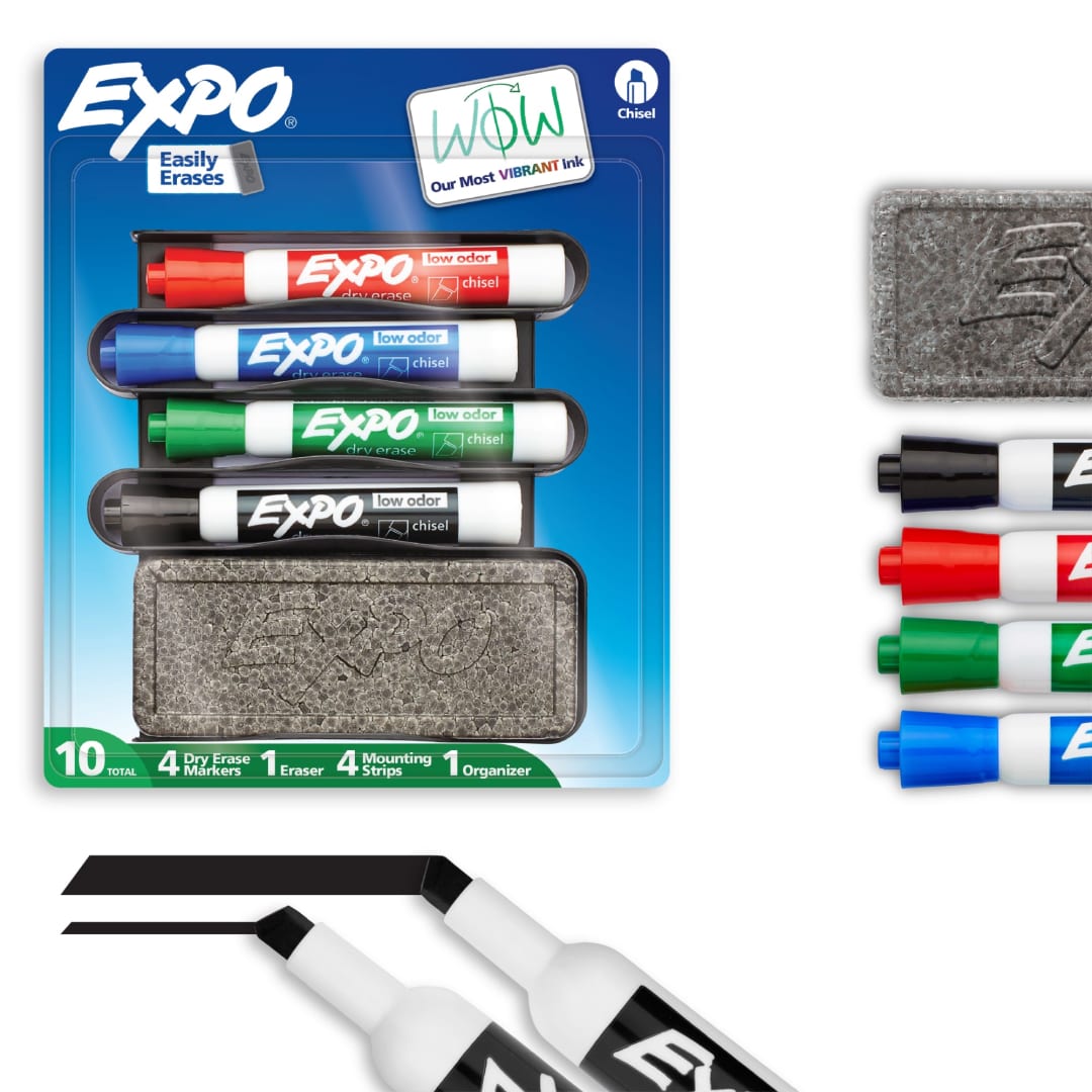 EXPO Dry Erase Markers Kit, Chisel Tip, Assorted Colors, Eraser, Mountable Organizer with Mounting Strips, 10 Count