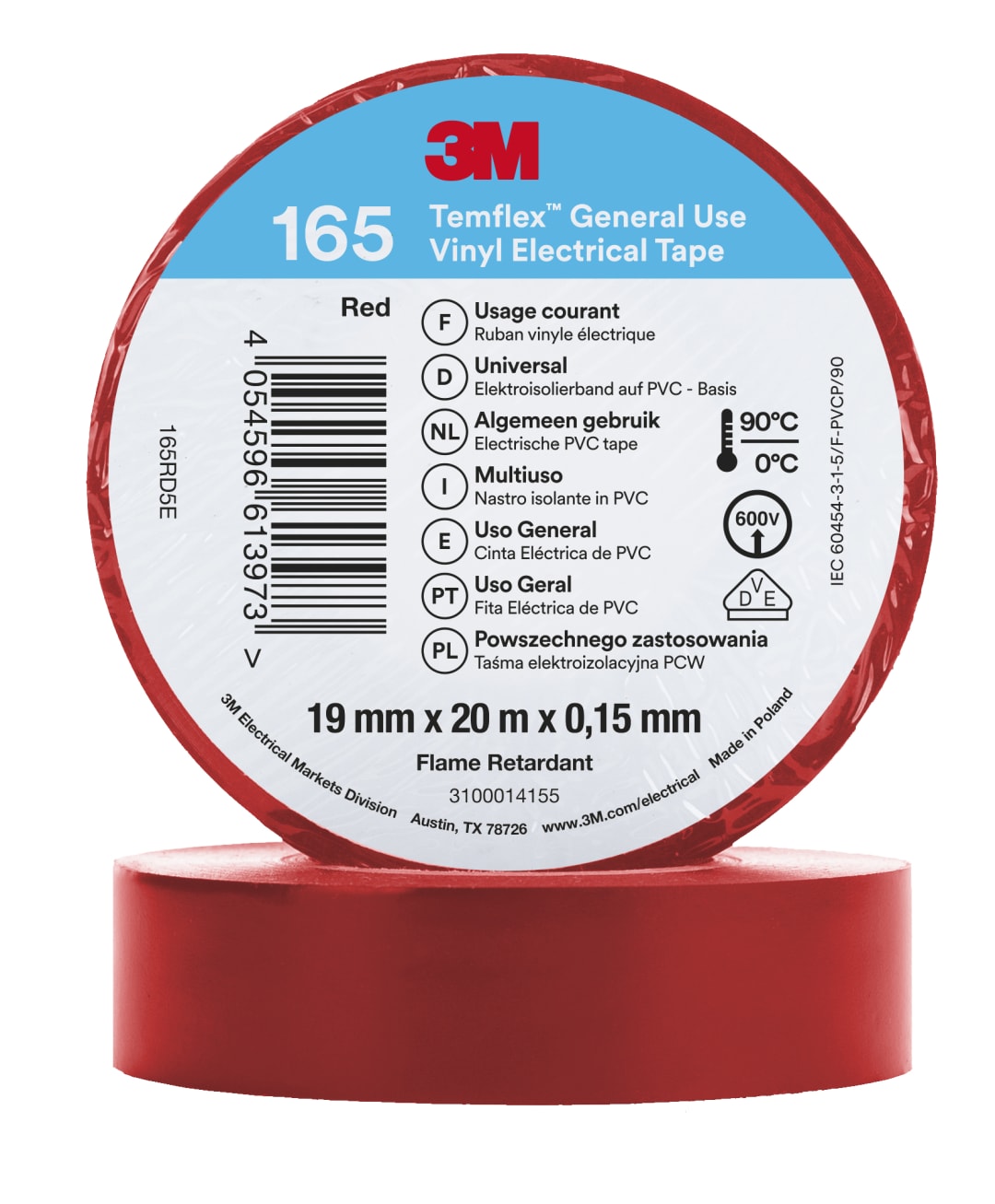 3M™ Temflex™ Vinil Elektrik Bandı 165, Kırmızı, 19 mm x 20 m