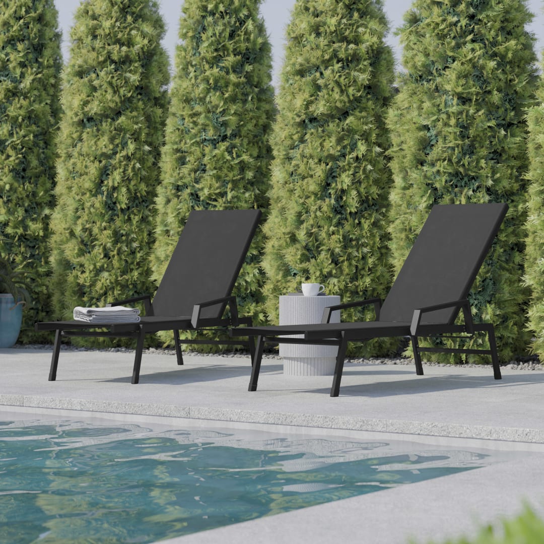 Brazos Set of 2 Adjustable Chaise Lounge Chairs with Arms, All-Weather Outdoor Five-Position Recliners, Black/Black