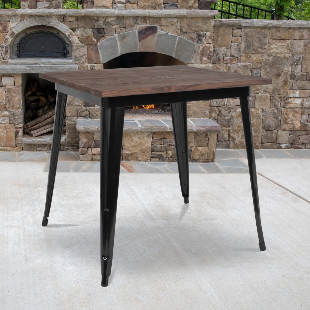 Toby 31.5" Square Black Metal Indoor Table with Walnut Rustic Wood Top