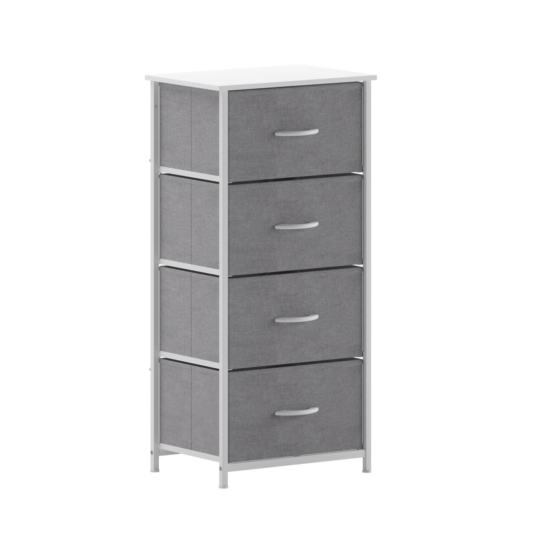Harris 4 Drawer Vertical Storage Dresser with White Cast Iron Frame, White Wood Top and Gray Easy Pull Fabric Drawers with White Wooden Handles