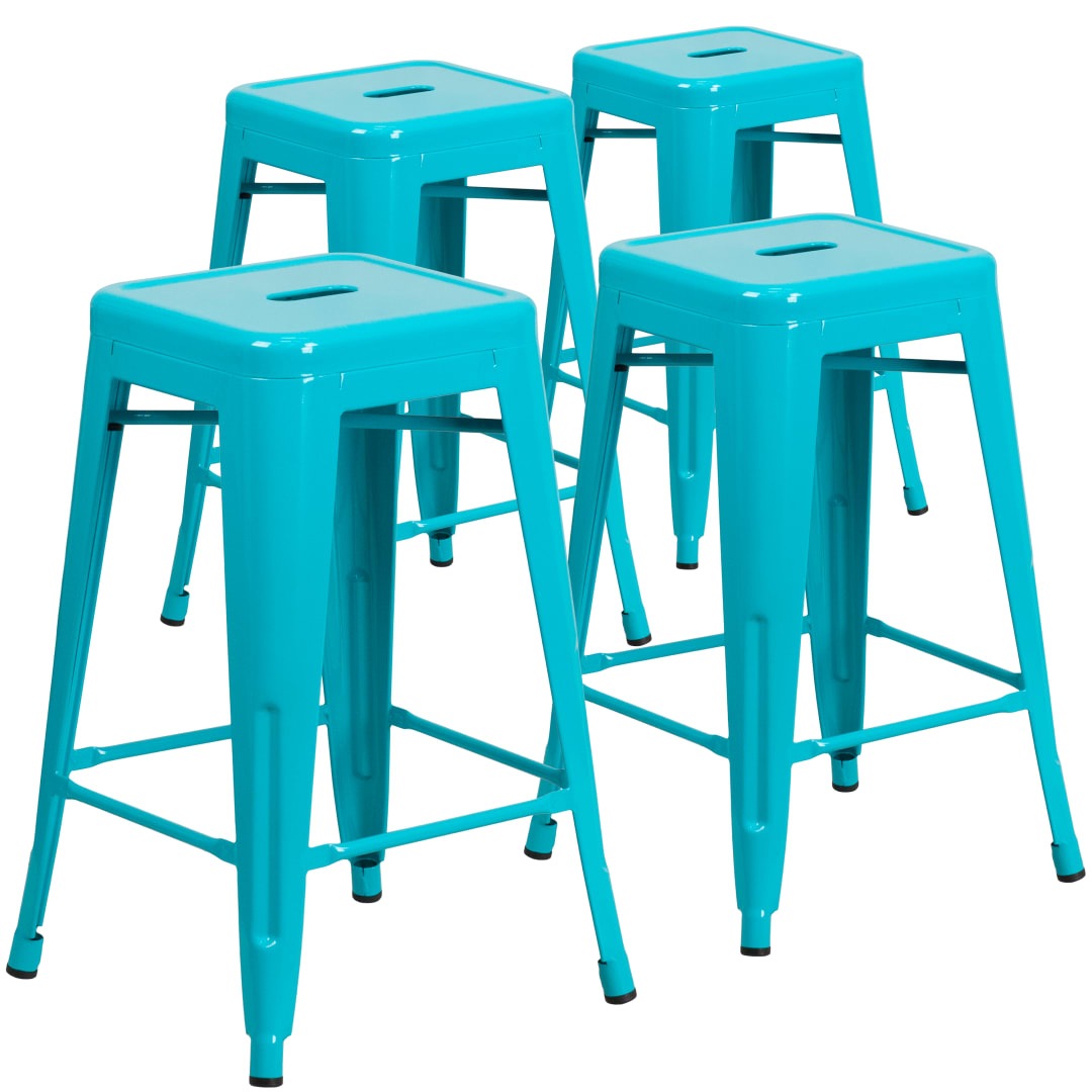 Kai Commercial Grade 4 Pack 24" High Backless Crystal Teal-Blue Indoor-Outdoor Counter Height Stool