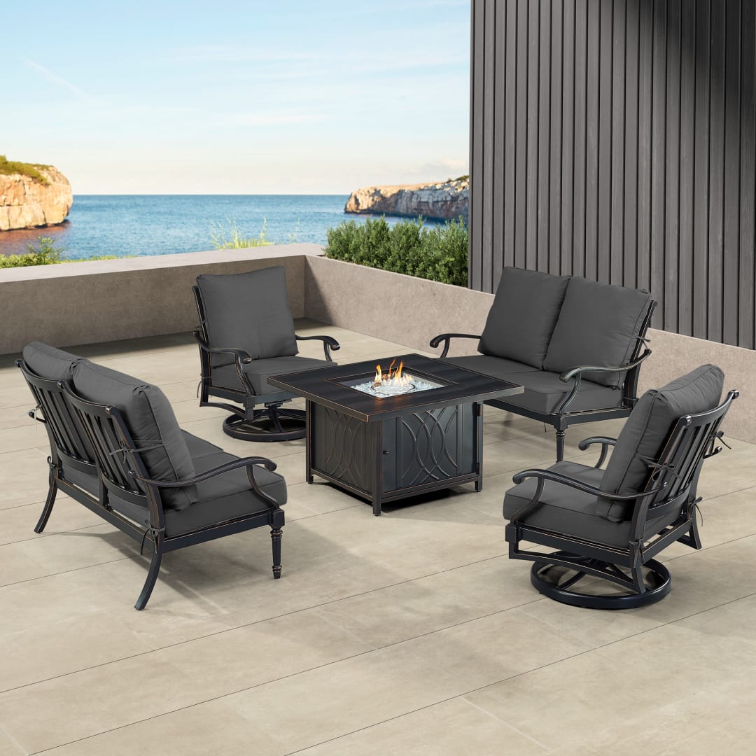 Black Aluminum Patio Fire Table Set with Two Deep Seating Loveseat with Cushions and Two Club Chairs