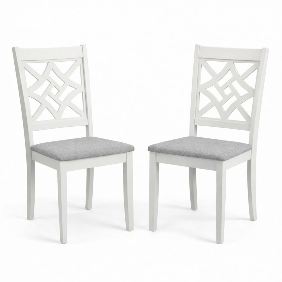 Traditional Dining Chairs, Set of 2, White Finish with Grey Polyester Upholstered Seats Solid Rubberwood