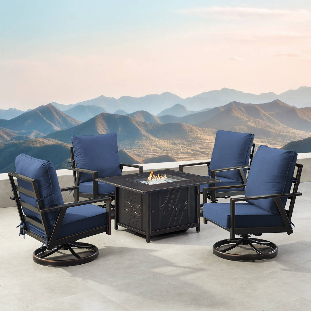 Black Aluminum Patio Fire Table Set with Four Club Chairs