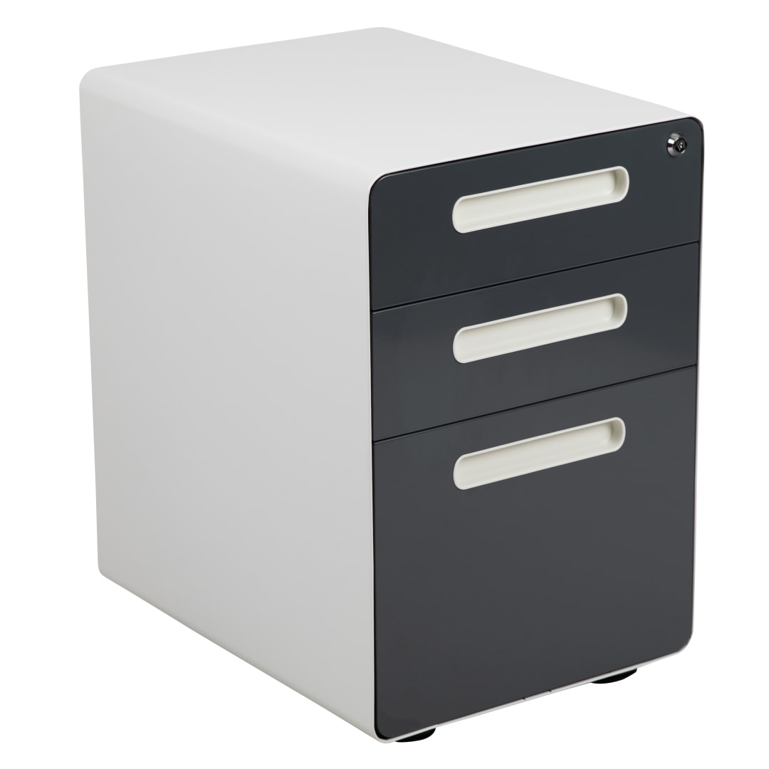 Wren Ergonomic 3-Drawer Mobile Locking Filing Cabinet with Anti-Tilt Mechanism &amp; Letter/Legal Drawer, White with Charcoal Faceplate