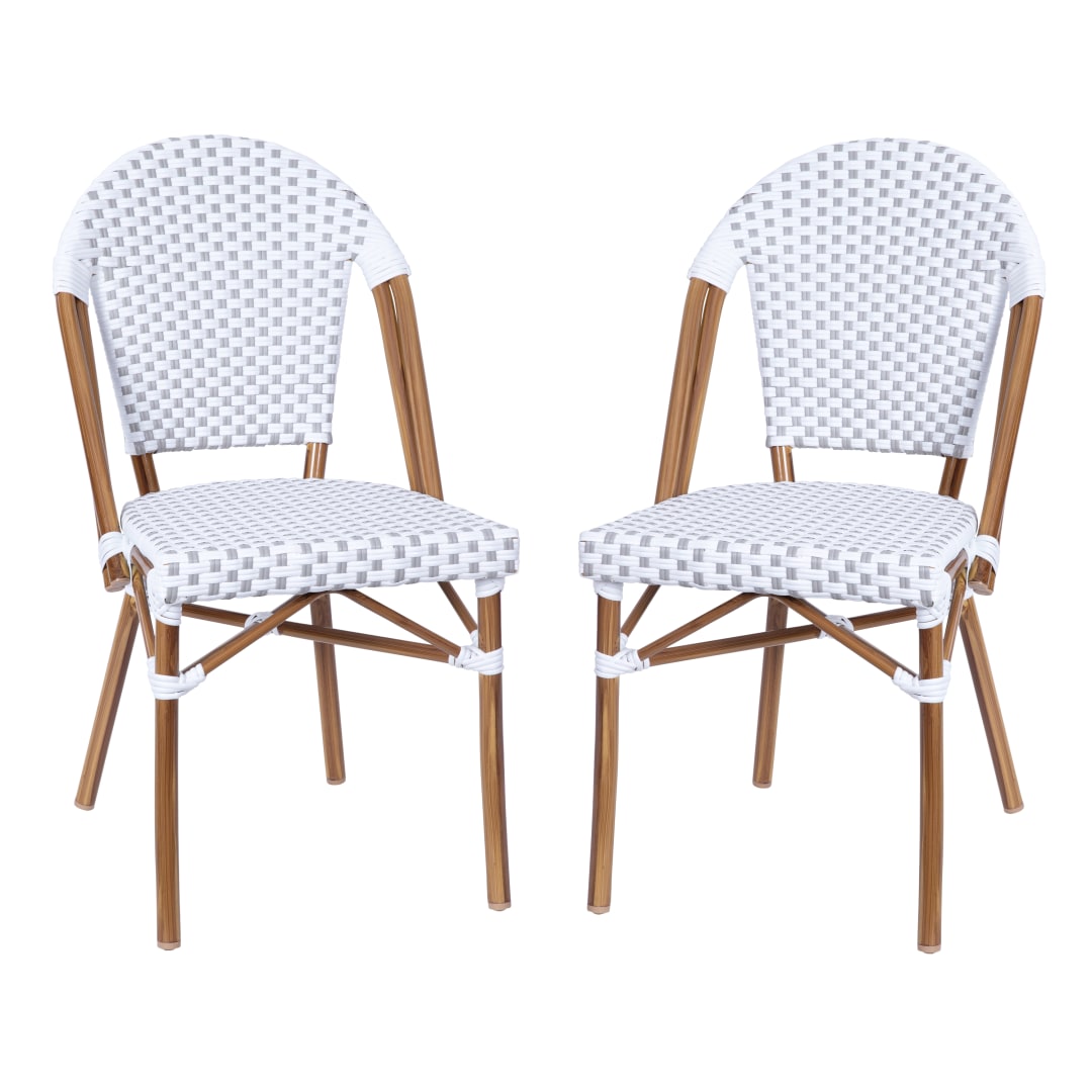 Lourdes Set of 2 Indoor/Outdoor Commercial Bistro Stacking Chair, White/Gray PE Rattan Back and Seat, Bamboo Print Aluminum Frame in Natural
