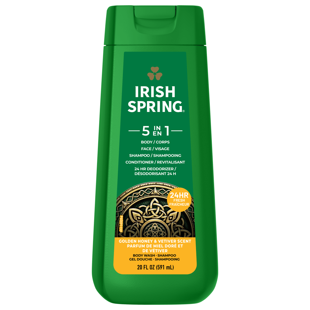 Gel douche hydratant 5 en 1 Irish Spring pour homme, shampooing, après-shampooing, nettoyant corps et visage et désodorisant 24 heures, sans parabène, parfum miel doré et vétiver, 591 ml