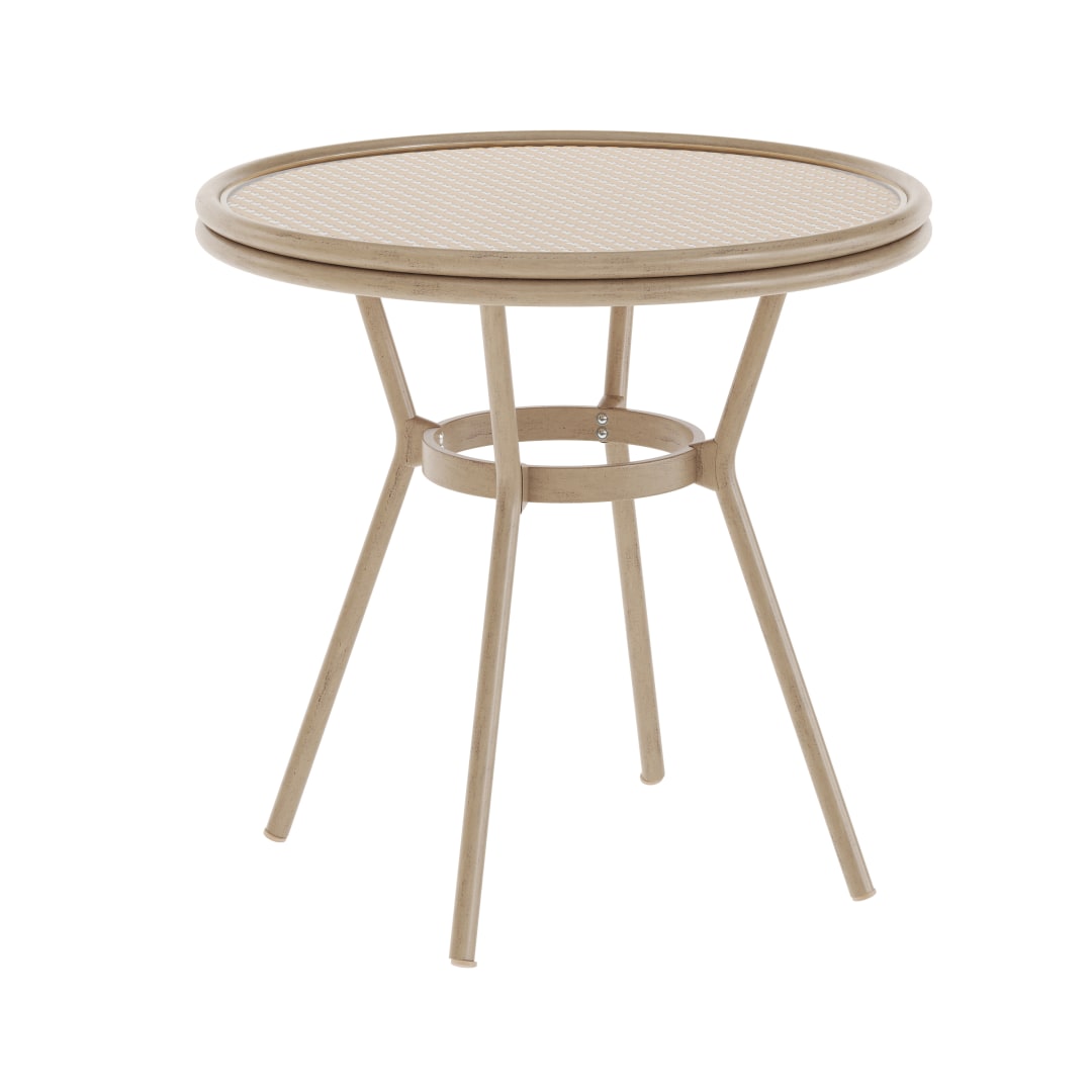 Lourdes Indoor/Outdoor Commercial Bistro 31.5" Table, Natural/White PE Rattan, Glass Top, Bamboo Print Aluminum Frame in Light Natural