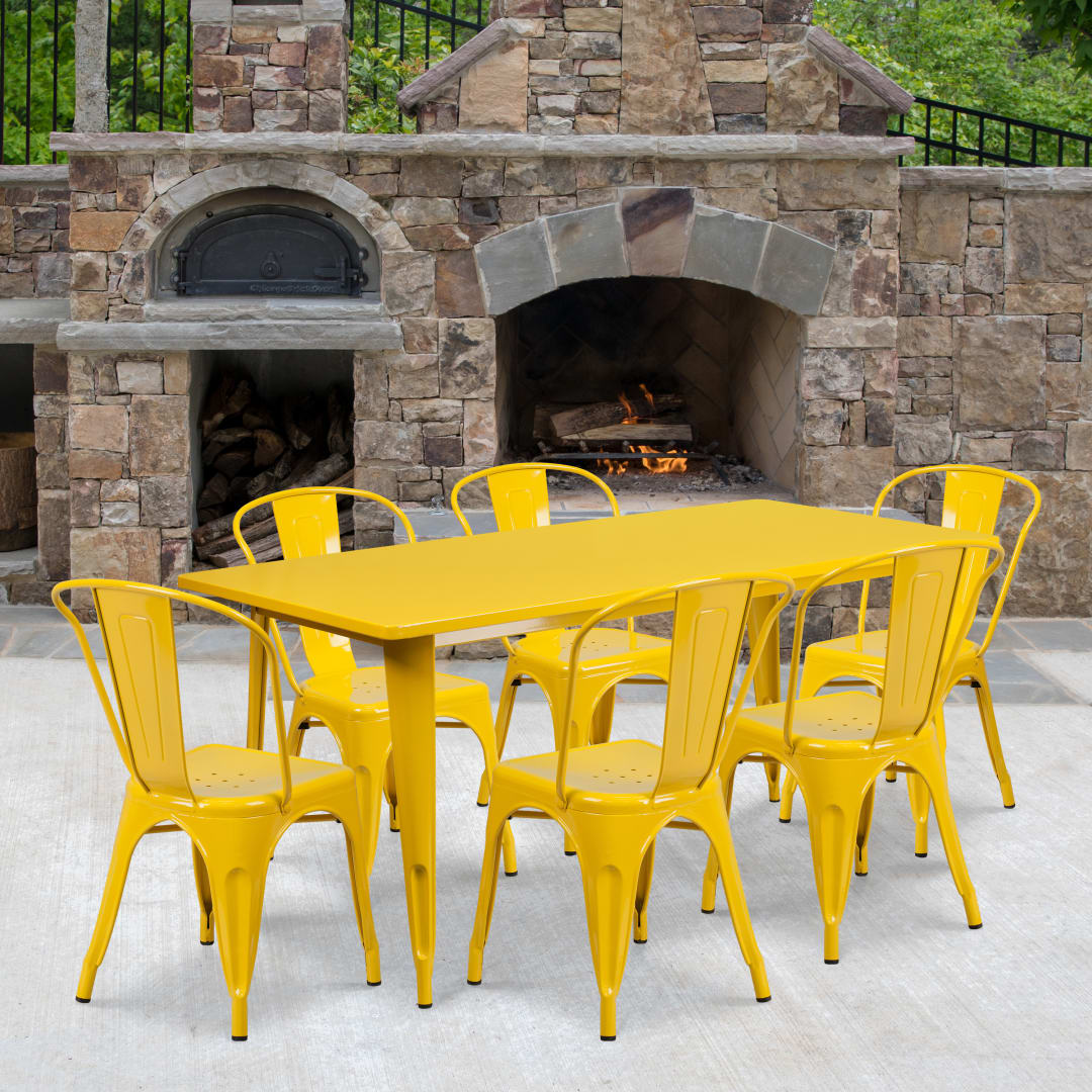 Gilbert Commercial Grade 31.5" x 63" Rectangular Yellow Metal Indoor-Outdoor Table Set with 6 Stack Chairs