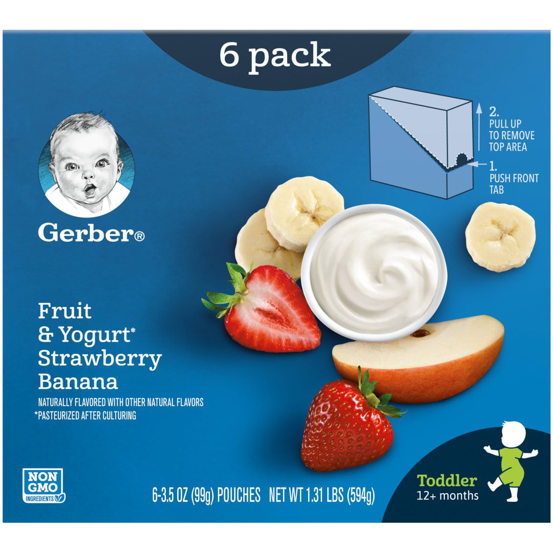 Gerber Toddler Baby Food, Fruit and Yogurt Strawberry Banana, 3.5 oz Pouch (6 Pack)