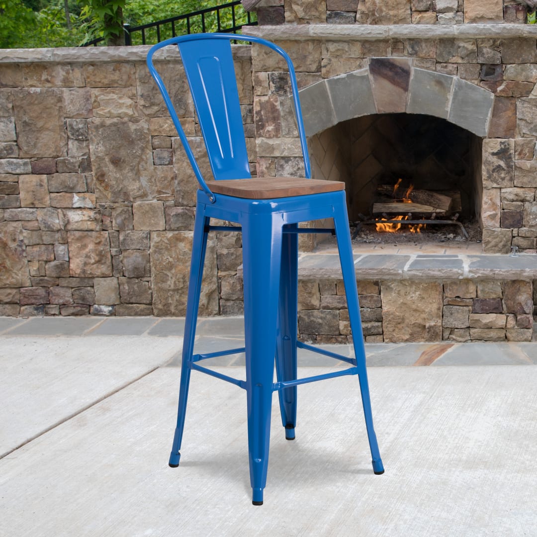 Lily 30" High Blue Metal Barstool with Back and Wood Seat