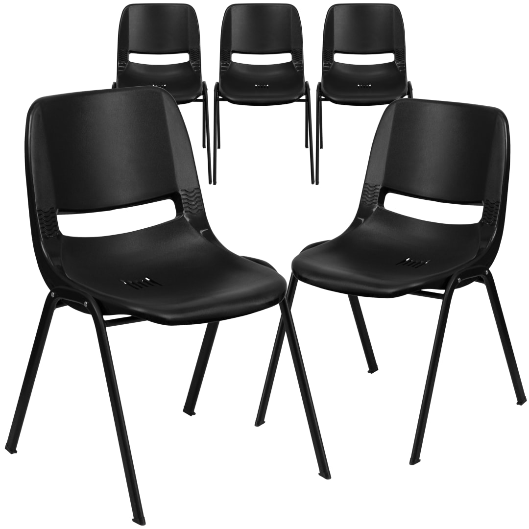 5 Pack HERCULES Series 880 lb. Capacity Black Ergonomic Shell Stack Chair with Black Frame
