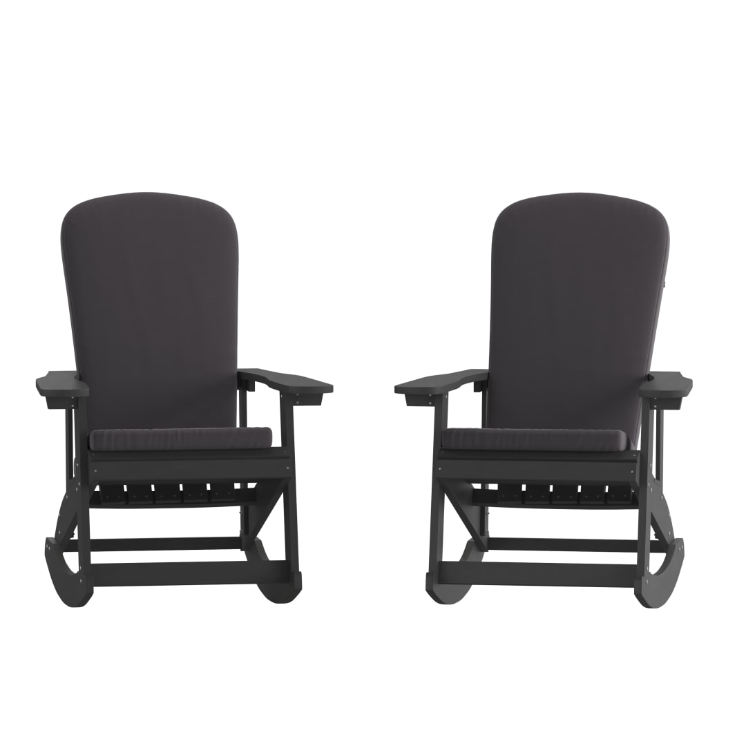 Savannah Set of 2 All-Weather Poly Resin Wood Adirondack Rocking Chairs in Black with Gray Cushions for Deck, Porch, and Patio