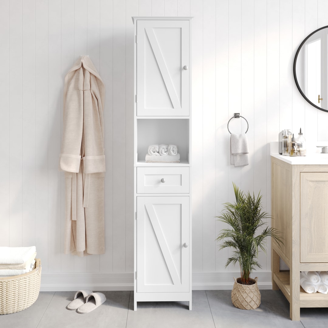 Dune Farmhouse Freestanding Bathroom Linen Tower Storage Cabinet with Magnetic Close Doors, 2 Adjustable Shelves, Open Display Shelf, Drawer in White