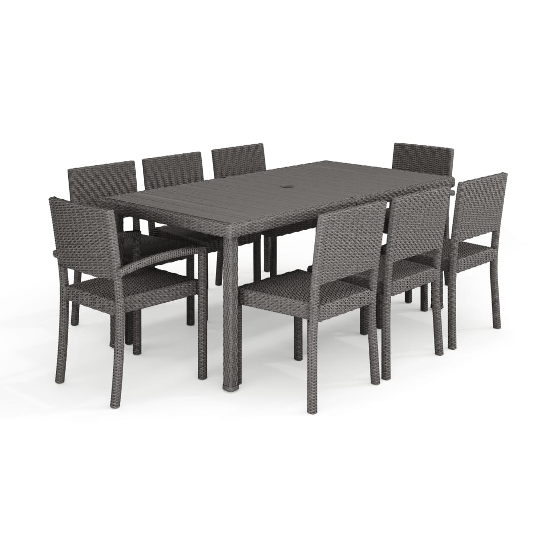 Bedford 9-Piece Indoor-Outdoor Dining Set with 8 Stackable Dining Chairs and 71" Patio Table with Engineered Wood Top in Gray Rattan Wicker